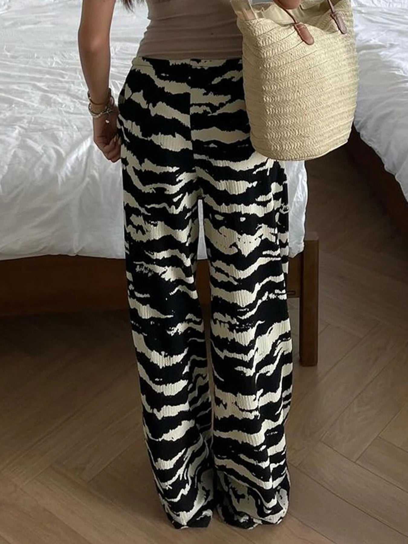Zebra Stripe Knitted Straight Pants Drawstring Elastic Waist Loose Baggy Trousers Vacation Outfits