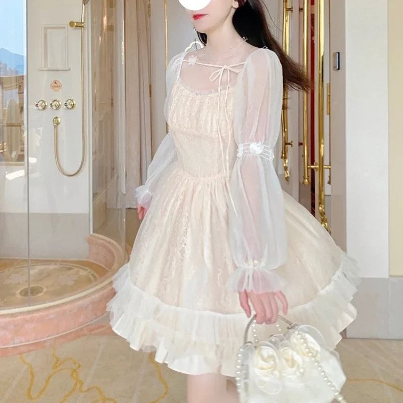 Lolita Kawaii Dress Long Sleeve Y2k Mini Dress Female Japanese Style One Piece Dress Korean Spring