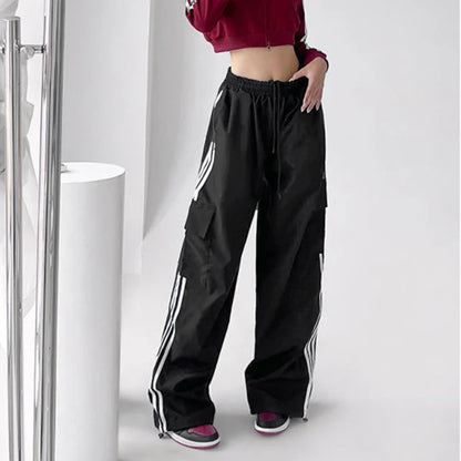 Striped Sweatpants Hip Hop Baggy Wide Leg Cargo Pants Bf Y2k High Waist Drawstring Joggers Trousers