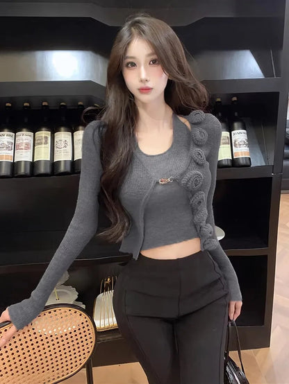 Sweet Hot Girl Pure Suit Autumn and Winter Knitted Cardigan Short Slimfit Halter Vest Twopiece Set Female Clothes