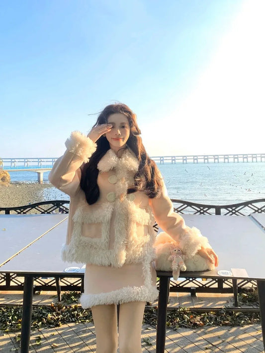 Sweet Hot Girl Suit Autumn/winter Lamb Wool Suede Coat Highwaisted Mini Skirt Twopiece Set Female Clothes