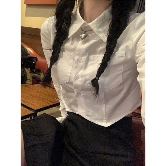 Y2k Cropped White Shirts Preppy Irregular Long Sleeve Blouses Summer Korean Pockets Slim Design Tops