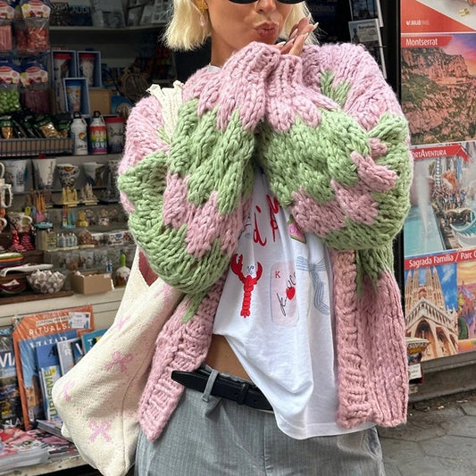 Stripe Pattern Cropped Cardigans Lantern Sleeves Knitted Sweater Aesthetic Y2k Knitwear Coat Autumn Outwear Street