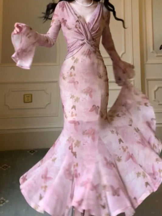 Mermaid Flare Sleeve Long Dresses Spring Summer Bodycon Pink Print Evening Club Vestidos Robe