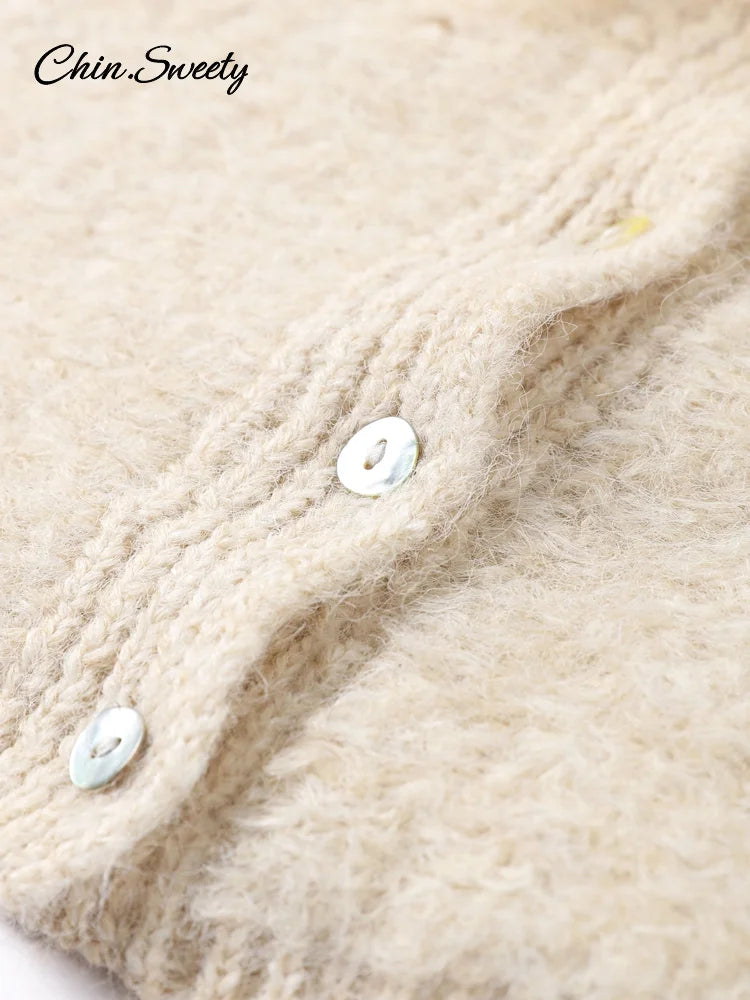 Mohair Knitted Short Sleeve Cardigan Lace Bow Single Breasted O-neck Slim Sweater Autumn Winter Lady Knitwear