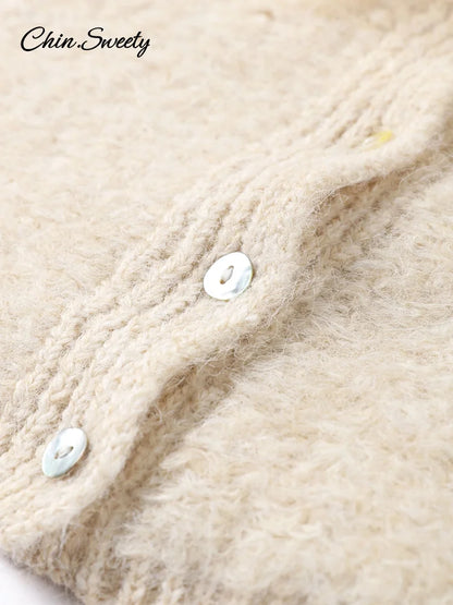 Mohair Knitted Short Sleeve Cardigan Lace Bow Single Breasted O-neck Slim Sweater Autumn Winter Lady Knitwear