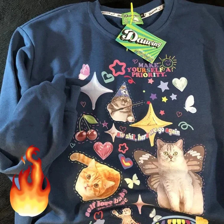 Kawaii Cat Print Hoodie Cutecore Long Sleeve Sweatshirt American Retro Egirl Kitten Angel Graphic Alt Clothes Y2k