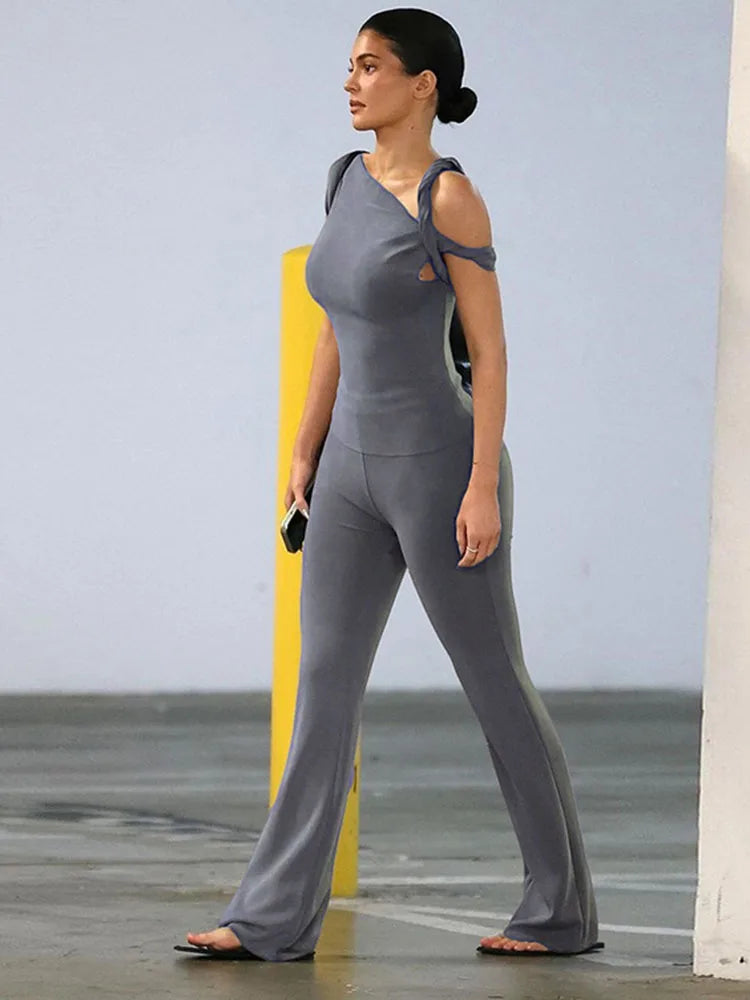 One Shoulder Backless Pants Suit Summer Color Slim Pants Suit ’s Pants Suit 2-piece Set