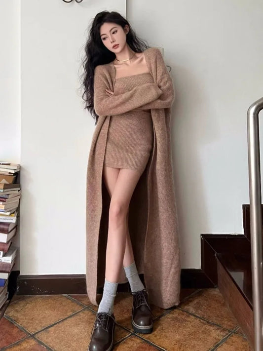 Autumn Winter New Knitted 3-piece Skirt Set Long Cardigan Strapless Crop Top Mini Skirt Y2k Korean Knitwear New
