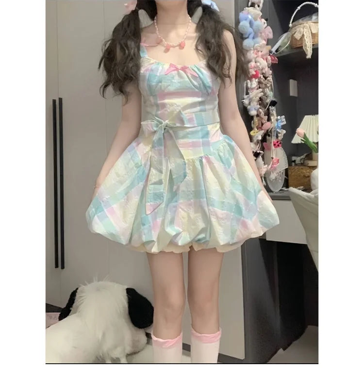 Rainbow Dresses Sweet Sleeveless Bow Slash Neck Sweet Summer Bud Mini Dress Female Party