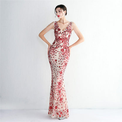 V-neck Sleeveless Dress With Stones and Crystals Sequins Tassel Party Dresses High Waisted Long Dress