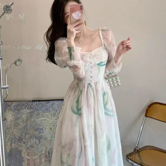 Chiffon Dresses Puff Sleeve Spring Summer Print Vestidos Mujer French Style Sweet Long Dress