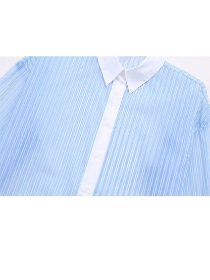 Spring Shirt Woman Blue Striped Lapel Long Sleeve Single Breasted Female Transparent Blouse