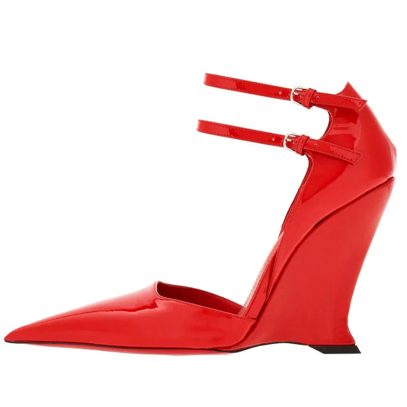New Buckle Strap Patent Leather Wedges Sandals Pointed Toe High Heels Woman Dress Shoes Sandalias De Las Mujeres