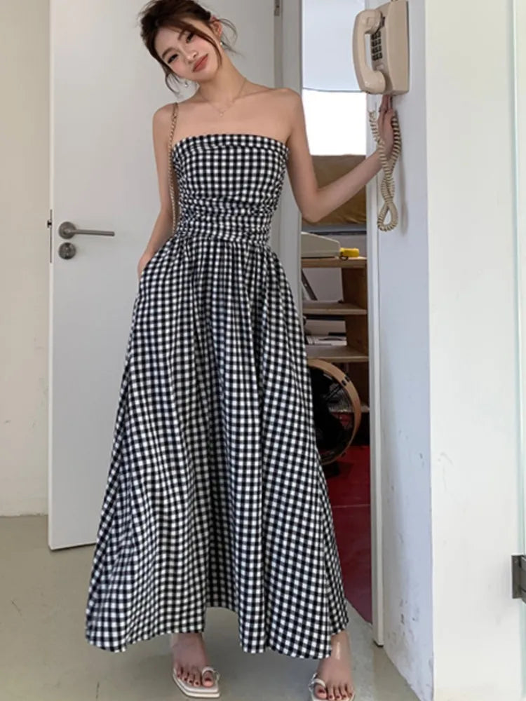 Strapless Midi Dresses for Striped Sleeveless A-line Korean Summer New Party Dress Vestidos Mujer
