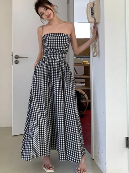 Strapless Midi Dresses for Striped Sleeveless A-line Korean Summer New Party Dress Vestidos Mujer