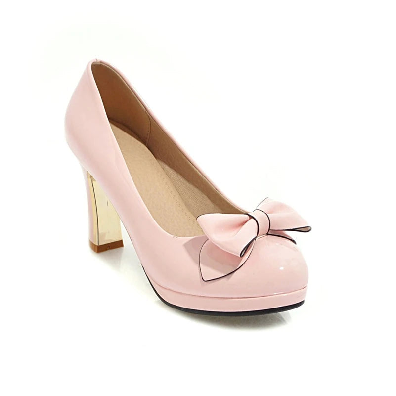 Pumps Round Toe Platform Thick High Heels Bow Shallow Wedding Shoes Spring Autumn Black Beige 43