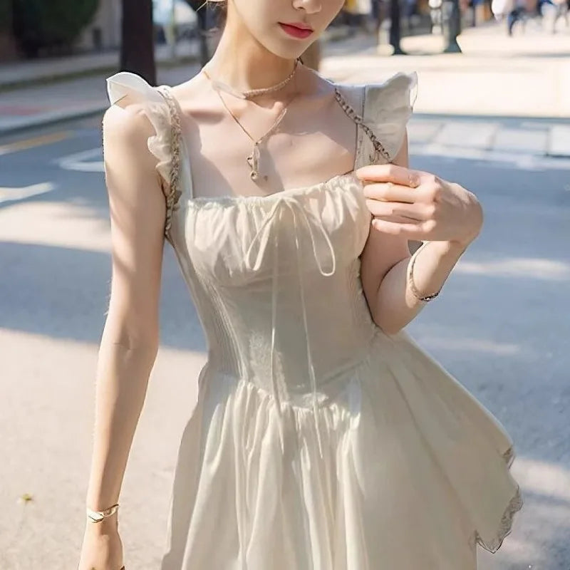 Blue Bandage Mini Dresses Flying Sleeve Spring Summer French Style Dress Ruffles Vestidos Mujer