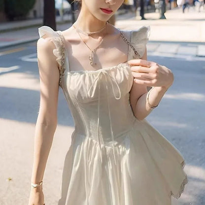 Blue Bandage Mini Dresses Flying Sleeve Spring Summer French Style Dress Ruffles Vestidos Mujer