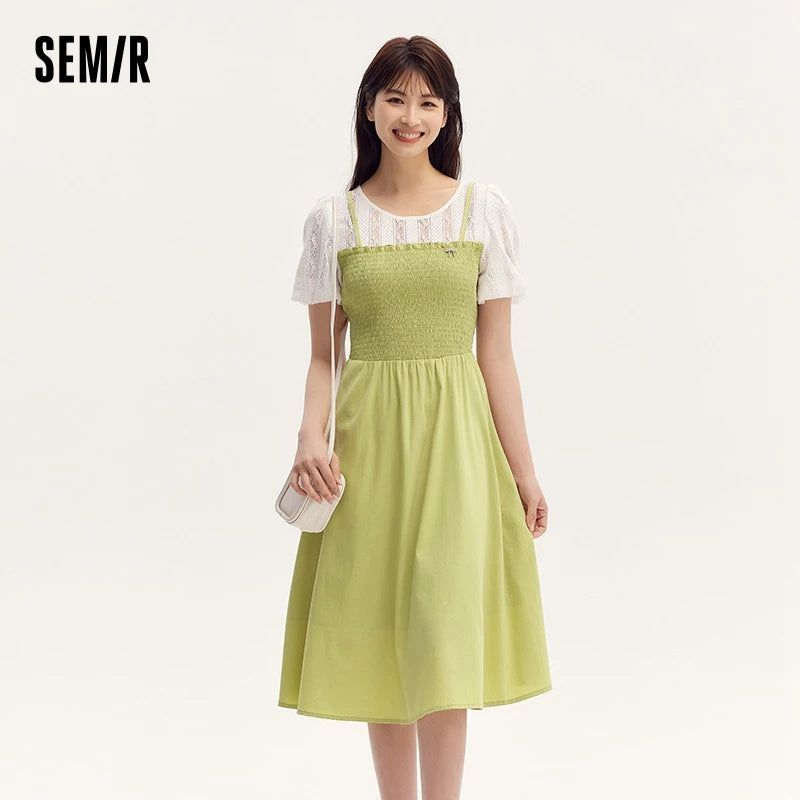 Dress Bubble Sleeves Lace Patchwork Faux Two-piece Slim Fit Summer New Fresh Style Round Neck Mid-length Skirt