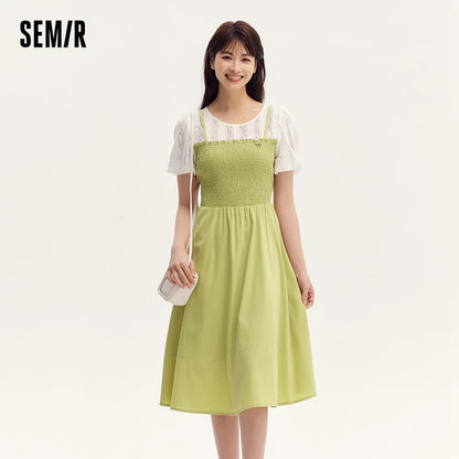 Dress Bubble Sleeves Lace Patchwork Faux Two-piece Slim Fit Summer New Fresh Style Round Neck Mid-length Skirt