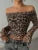 Leopard Printed Mesh T-shirt Top for Off-shoulder Long Sleeve Cropped Y2k Top Pullover Contrast Female Slim Tee