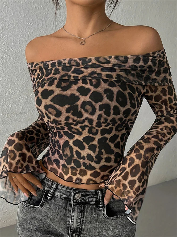 Leopard Printed Mesh T-shirt Top for Off-shoulder Long Sleeve Cropped Y2k Top Pullover Contrast Female Slim Tee