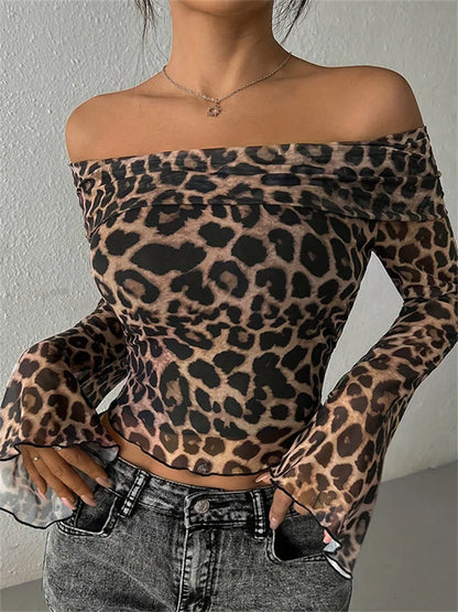 Leopard Printed Mesh T-shirt Top for Off-shoulder Long Sleeve Cropped Y2k Top Pullover Contrast Female Slim Tee