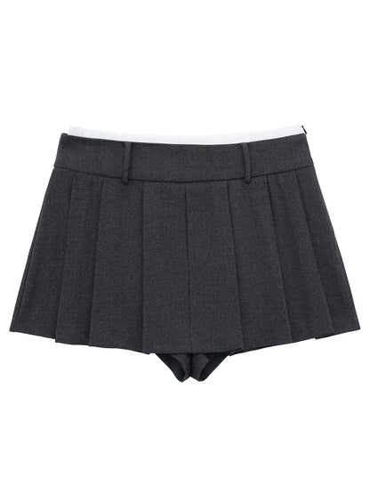 Patchwork Pleated Mini Pant Skirts Woman Autumn High Waist Aline Short Faldas Female Skirt