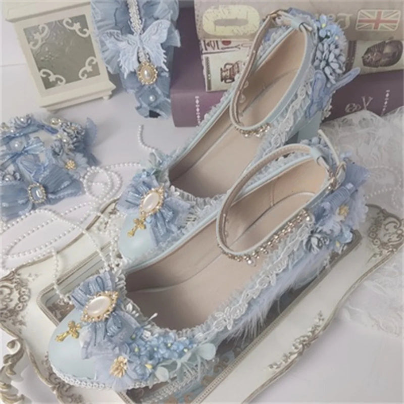 Sweet Lolita Retro Court Style Cosplay Loli Flower Wedding Gem Flower Ribbon Plush Bow 68 Cm High Heel Shoes