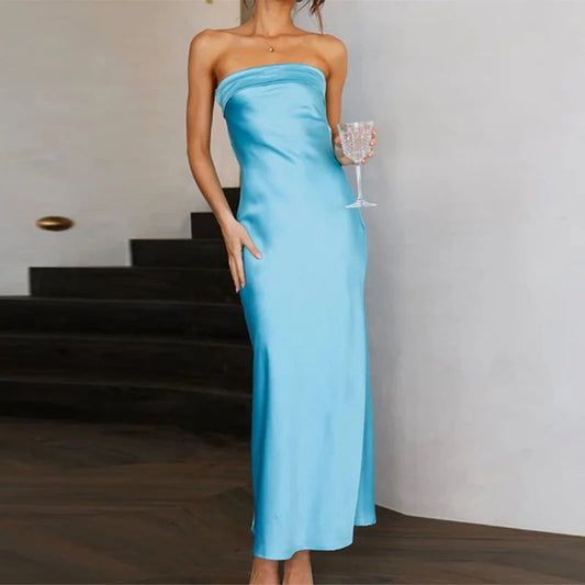 Kylethomasw Backless Strapless Dress Sleeveless Green Satin Party Dresses Summer Robes High Waist Long Dress