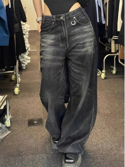 Oversize Street Black Jeans for Y2k High Waist Loose Wide Leg Pants Early Spring New Straight Flare Pants