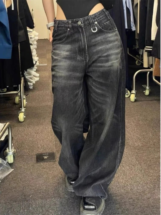 Oversize Street Black Jeans for Y2k High Waist Loose Wide Leg Pants Early Spring New Straight Flare Pants