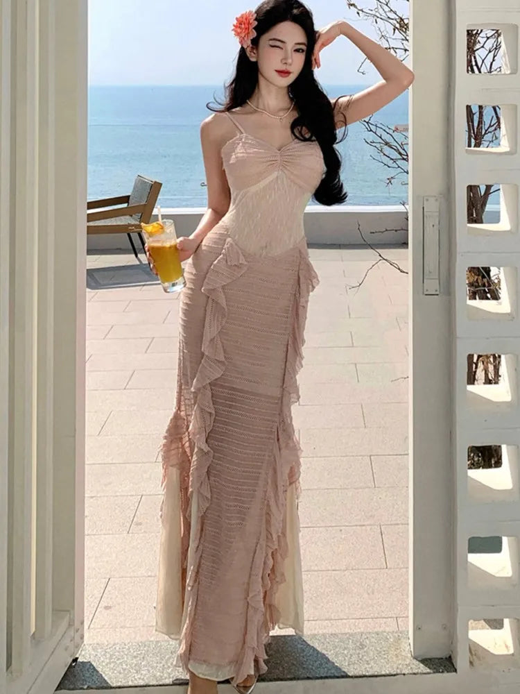 Summer French Style Long Dresses for Spaghetti Strap Ruffles Birthday Party Dress Female Holiday Beach Vestidos Robe