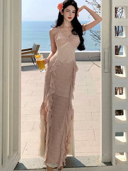 Summer French Style Long Dresses for Spaghetti Strap Ruffles Birthday Party Dress Female Holiday Beach Vestidos Robe