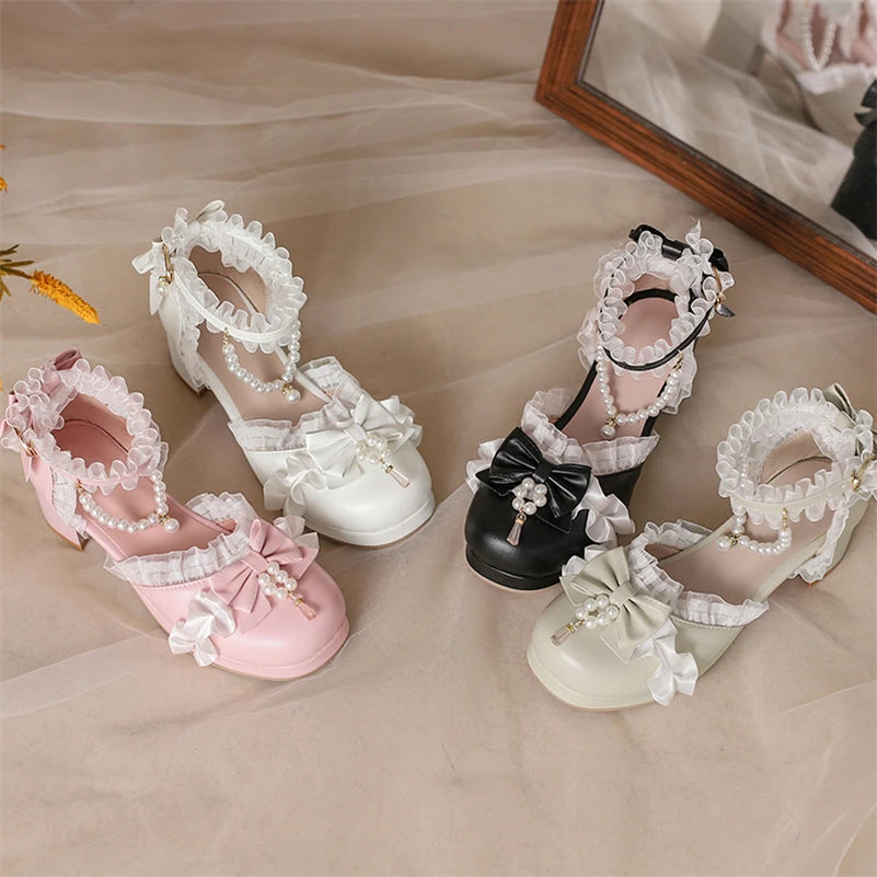 Kawaii Ankle Strap Lolita Pumps Round Toe Platform Thick Mid Heel Buckle Bow Bead Cosplay Lady Shoes Spring Autumn