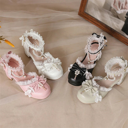 Kawaii Ankle Strap Lolita Pumps Round Toe Platform Thick Mid Heel Buckle Bow Bead Cosplay Lady Shoes Spring Autumn
