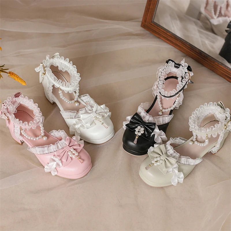 Kawaii Ankle Strap Lolita Pumps Round Toe Platform Thick Mid Heel Buckle Bow Bead Cosplay Lady Shoes Spring Autumn