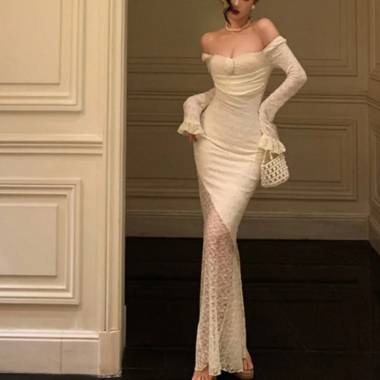 Lace Maxi Dresses for Off Shoulder Bodycon Mermaid Autumn Birthday Evening Party Prom Robe Vestidos Mujer New