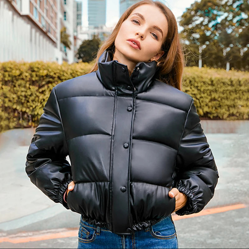 Winter Warm Thick Pu Leather Coats Short Parkas Black Cotton Padded Lady Down Jacket Zipper Clothes