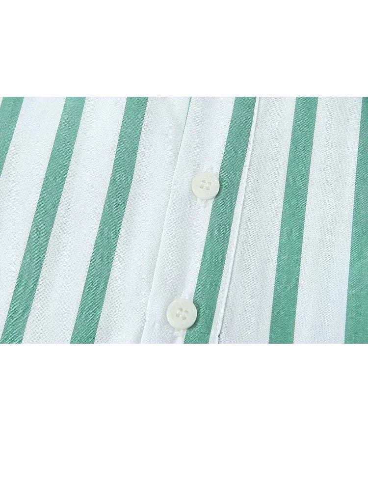 Summer Causal Short Sleeves Shirts for Woman Green Stripes Lapel Tshirt Buttons Female Cropped Slim Blouses