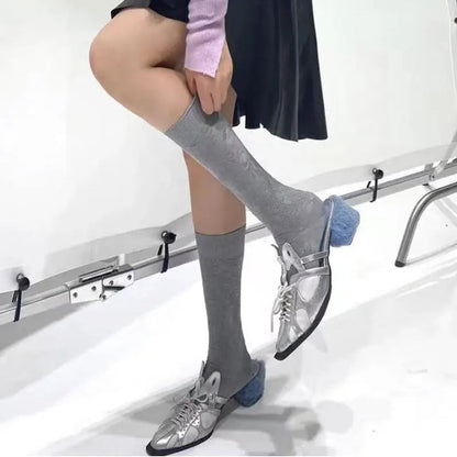 Hollow Out Pointedtoe Colorblock High Heels Comfortable Breathable Sandals Plush Heel Mules Personality Shoes