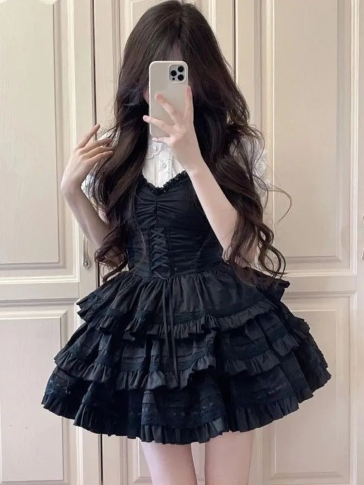 Y2k Two-piece Dress Set Puff Sleeve Shirt Black A-line Ruffles Cake Mini Dress Korean Suit Summer New Outfit
