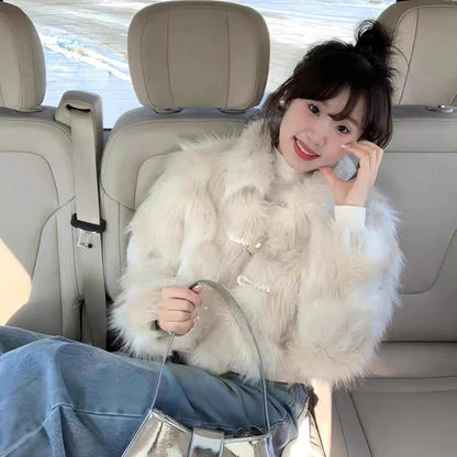 Sweet Hot Girl Horn Button Faux Fur Coat Winter Loose Turndown Collar Longsleeved Short Jacket Female Clothes