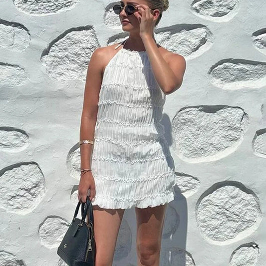 Backless Folds Halter Short Dresses for Backless Beach Party Mini Dress Lace Up Female Bodycon Clothes