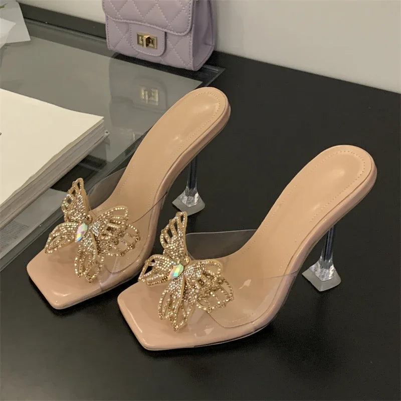 Summer Pvc Transparent Butterflyknot Square Toe Woman Slippers Crystal Heels Slide Shoes