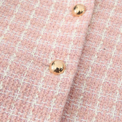 2 Pieces 1 Set French Style Retro Pink Plaid Woven Tweed Blazer + High Waist Mini Shorts Pants Suits