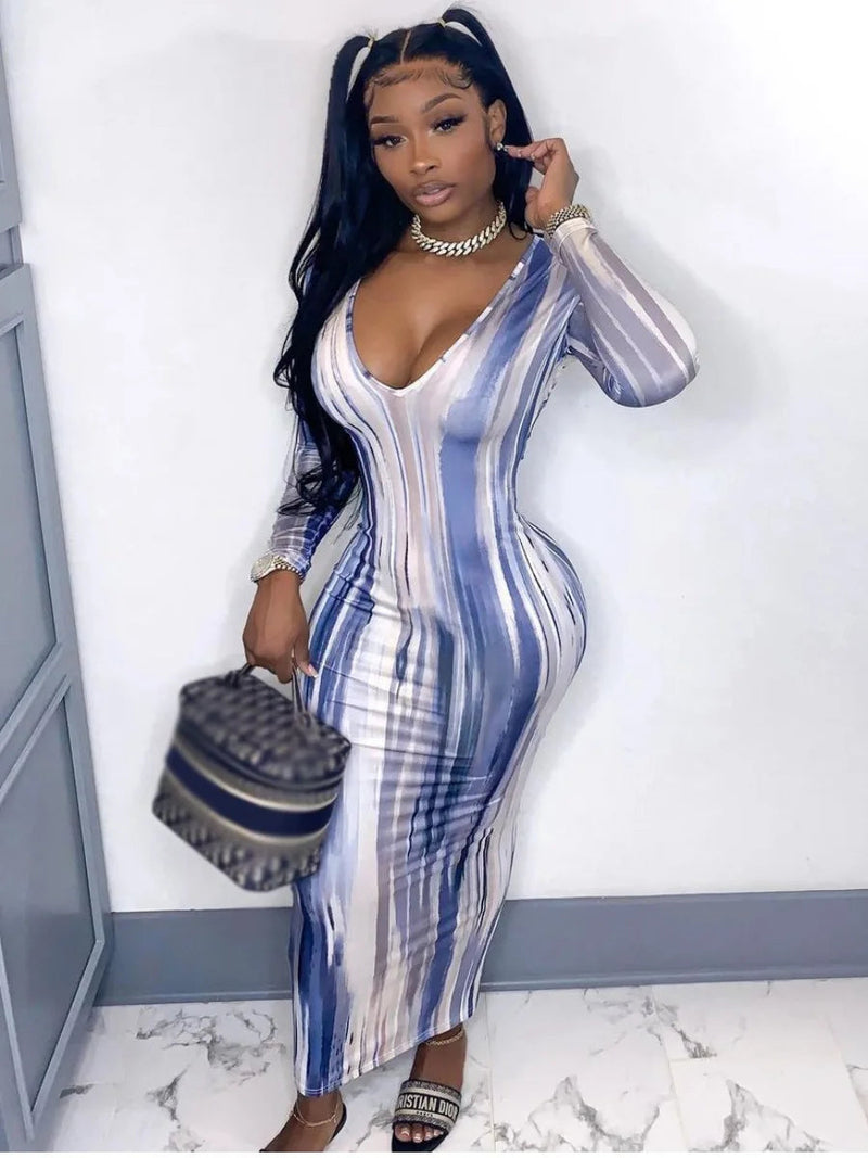 U Neck Tie-dye Print Bodycon Midi Dress
