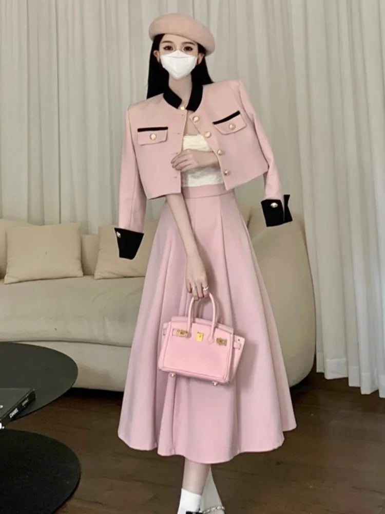 New Small Fragrance Two Piece Set Short Jacket Coat + Long Skirt Suits Korean Ol 2 Piece Sets