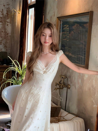 French Retro Midi Dress Even Party 2000s Clothing Vneck Y2k Dress Korean Sleeveless Summer